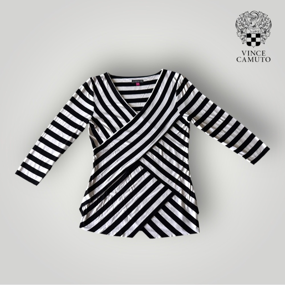 🛍️SALE🛍️ Vince Camuto Women’s Black & White Stripe Tiered Layer Crossover Top - Picture 2 of 5